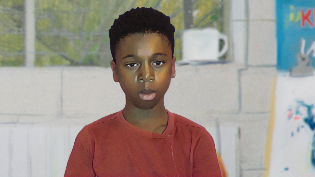 animated image of a young Black boy wearing a red shirt. In the foreground there is a white brick wall with a window in it. Green trees are outside.