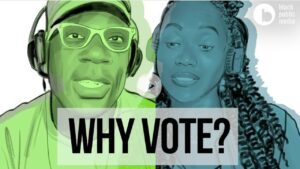 illustration of a two black people wearing headphones talking about voting, the man is tinteed green and the woman is blue