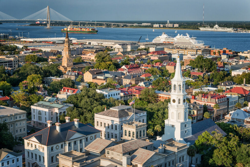 aerial shot of Charleston, south Carolina with body of water in the background