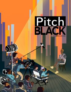 program book cover for pitchblack 2025 featuring a movie set with a colorful skyscraper background