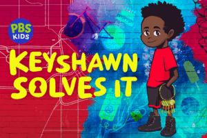 colorful keyart of young boy with keys in left hand standing with a map in the background